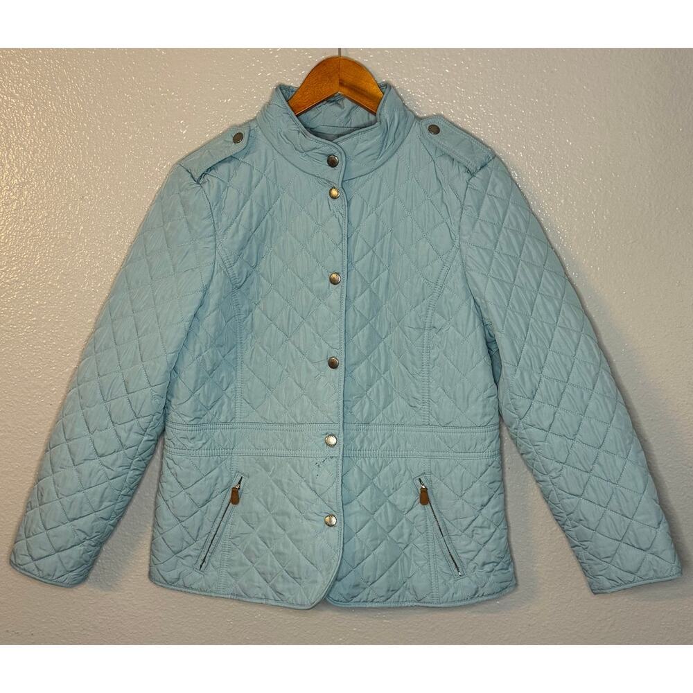 Talbots Quilted Long Sleeve Coat Size Large Petite Light Blue